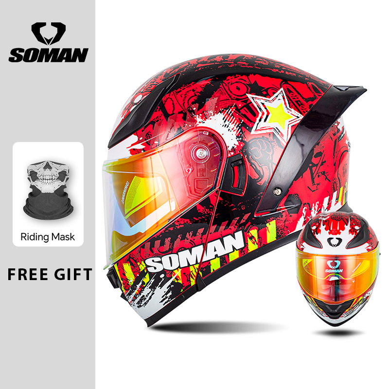 Dual Visor Motorcycle Racing Helmet - SOMAN casque modulaire rabat intégral casques